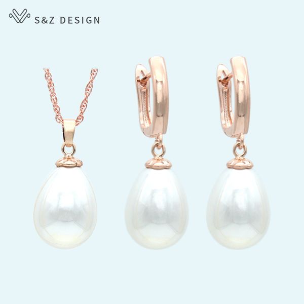 

s&z design fashion imitation pearls water drop earrings jewelry sets 585 rose gold white gold for women wedding party jewelry, Silver