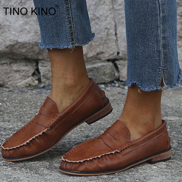 

tino kino women slip on vintage flat pu leather casual woman shoes autumn sewing female solid platform shoes ladies plus size, Black