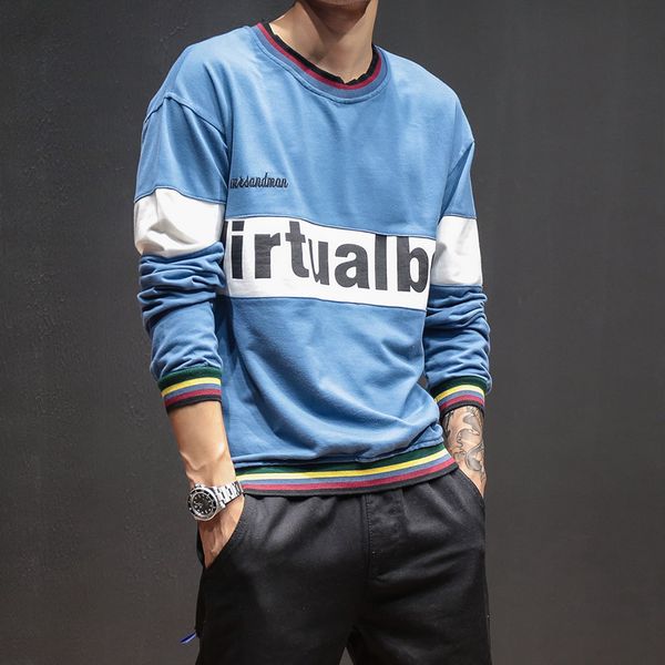 

dropshipping men letter patchwork long sleeve sweatshirt 2019 mens o-neck cotton linen sweatshirt casual slim fit male pullover, Black