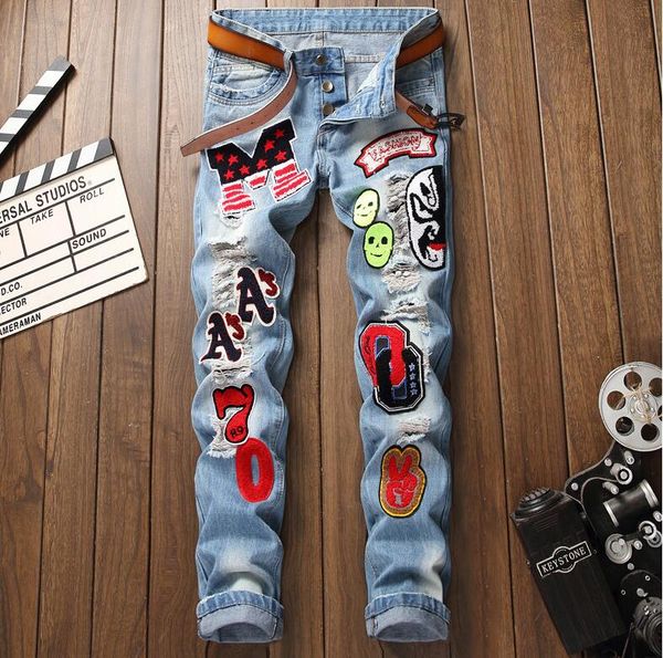 

original mens skinny jeans autumn winter new europe america embroidered multiple badges hole small straight men's slim fit pants, Blue