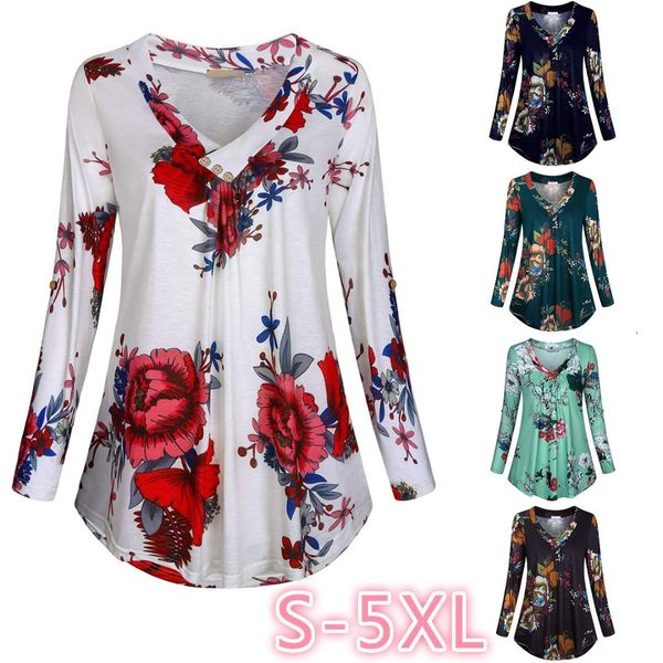 

floral print v-neck blouses and with button big size women clothing 5xl plus size women tunic shirt 2019 autumn, White