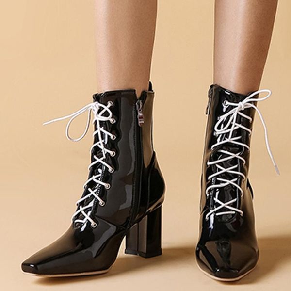 

women boots suqare heels lace-up solid color short booties pointed toe shoes leather shoes bota feminina zapatos de mujer #3, Black