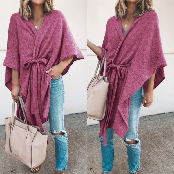 

autumn winter fashion women cape cardigan lace up knitted sweater, Black