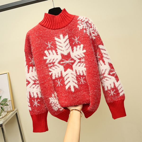 

christmas mink cashmere women sweaters and pullovers snowflake 2019 winter knitted pullovers long sleeve causal jumpers, White;black