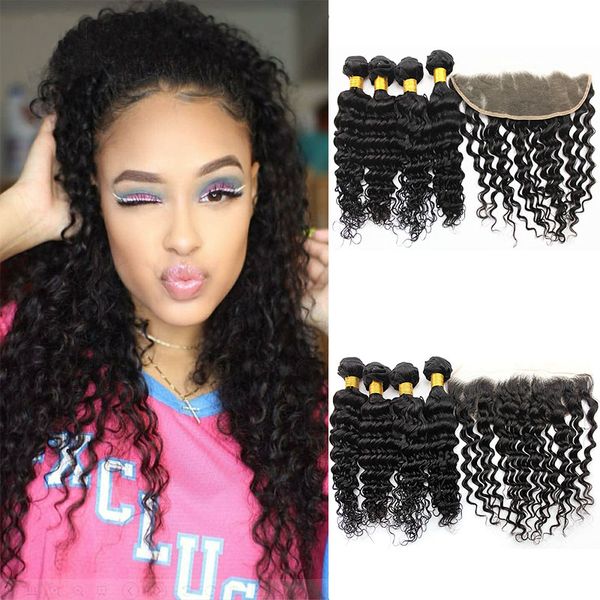 9a Deep Wave Human Hair Bundles With Closure 13x4 Ear To Ear Hair