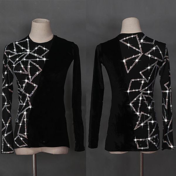 

latin dance shirts men flamenco long sleeve round neck sequin middle east diamond ballroom shirt performance wear dn1949, Black;red