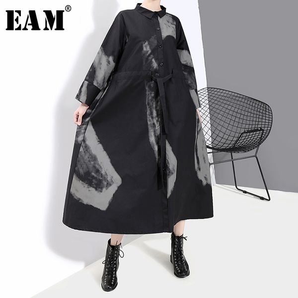 

eam] women black print hit color vintage dress new lapel neck long sleeve loose fit fashion tide spring autumn 2020 1a924, Black;gray