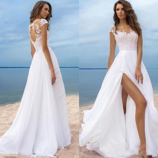 2019 A Linha de Vestidos de Noiva Chiffon Sheer Neck Lace Apliques Illusion Cap Mangas Oco Voltar Alta Fenda Longos Vestidos de Noiva