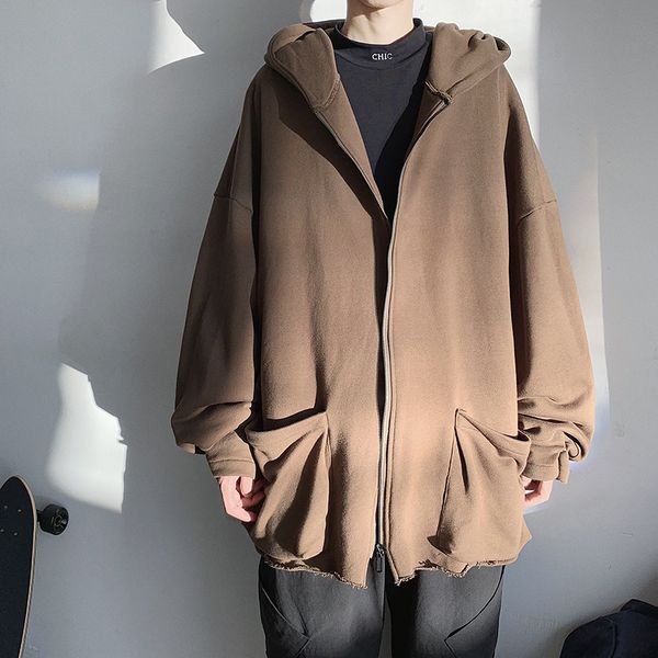 

2019 autumn and winter new harajuku style loose hooded sweatshirt fashion casual solid color cardigan jacket black / khaki m-2xl
