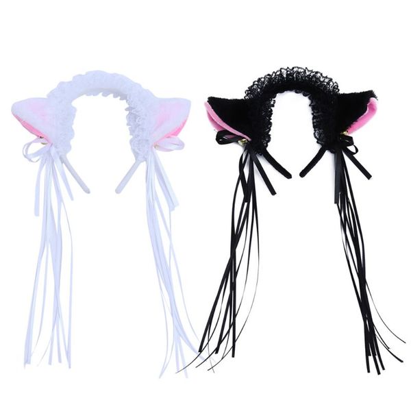

lolita cat ears bell led flashing headband ruffles lace ribbon tassels hair hoop, Slivery;white
