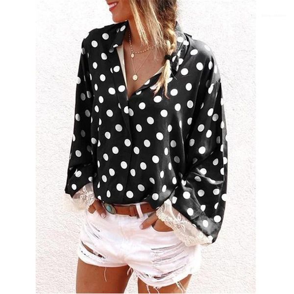

womens shirt designer long sleeve famale casual lapel neck shirt ladies cardigan lace polka dot, White