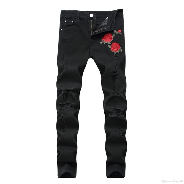 

2018 wholesale- italian luxury rose embroidered jeans new designer men jeans famous brand slim fit mens printed jeans biker denim pants, Blue