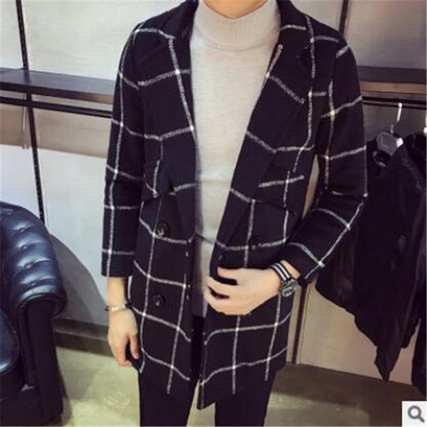 

2018 winter british style gentleman simple plaid wild wool jackets men casual slim lattice wool overcoat for men m-2xl, White;black