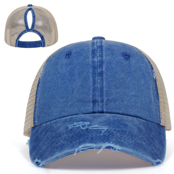 

fashion washed net cap baseball cap outdoor breathable baseball hat women rear opening pony tail summer caps leisure hats, Blue;gray