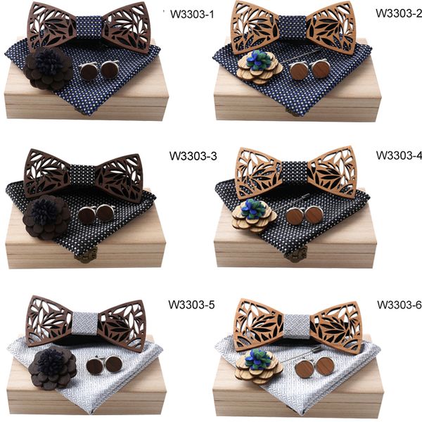 

wooden bow tie handkerchief set men's bowtie wood hollow carved cut out floral design with wooden box for wedding party, Blue;white