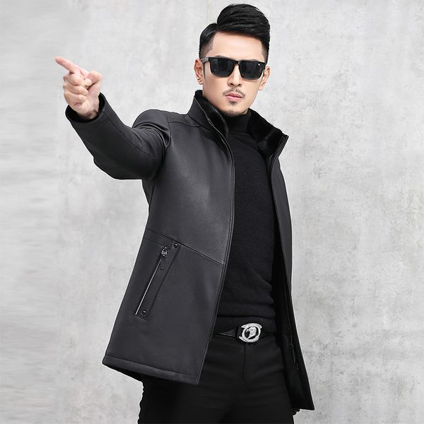 

leather jacket collar jacket cow leather mens duck down winter coat chaqueta cuero hombre j18-hf1826 yy743, Black