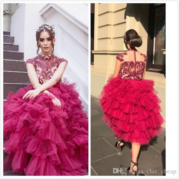 

elegant arabic aso ebi lace beaded red vintage prom dresses high neck tiered tulle prom dresses formal dress wear party evening gowns, Black