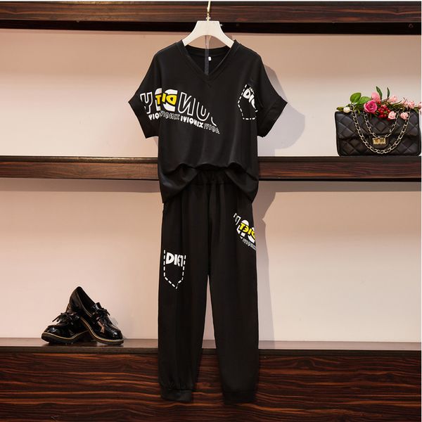 

two piece dress fashion letter printed set women plus size tracksuit short sleeve loose cotton t-shirt + elastic waist long pants sets, White