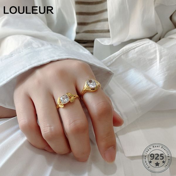 

louleur 925 sterling silver big zircon rings japanese style minimalist leaf wedding rings for women fashion fine jewelry gifts, Golden;silver