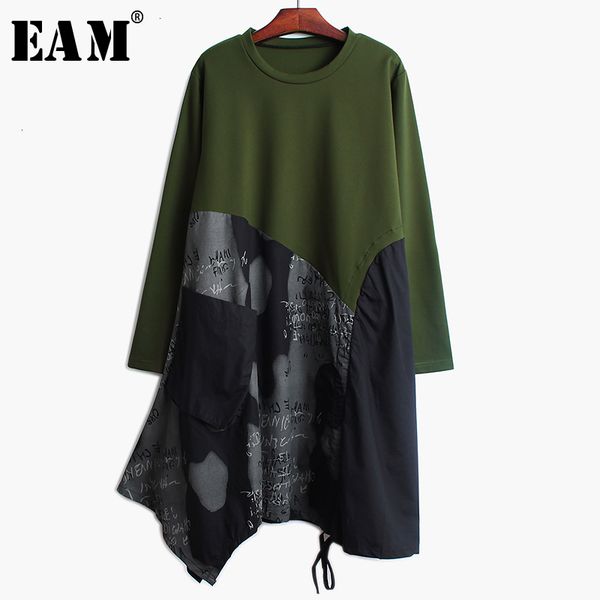 

eam] women drawstring asymmetrical split joint dress new round neck long sleeve loose fit fashion tide spring autumn 2019 1k698, Black;gray