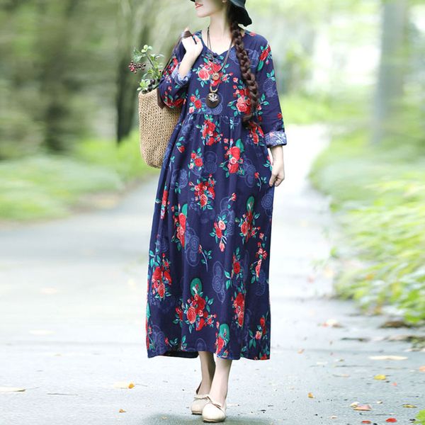 

women cotton linen dress floral print v neck long sleeve vintage boho dress 2019 new loose plus size long blue/rose/red, Black;gray