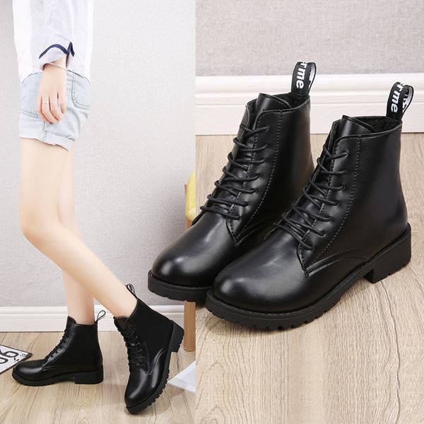 

2019 autumn winter new british wind front strap motorcycle boots female black low heel plus velvet short ankle boots