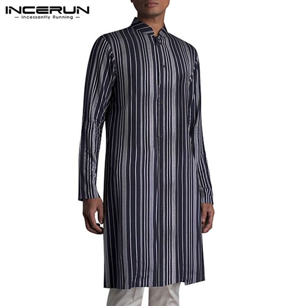 

incerun men shirt retro striped stand collar button long sleeve vintage kurta suit longline shirt men muslim 2019, White;black