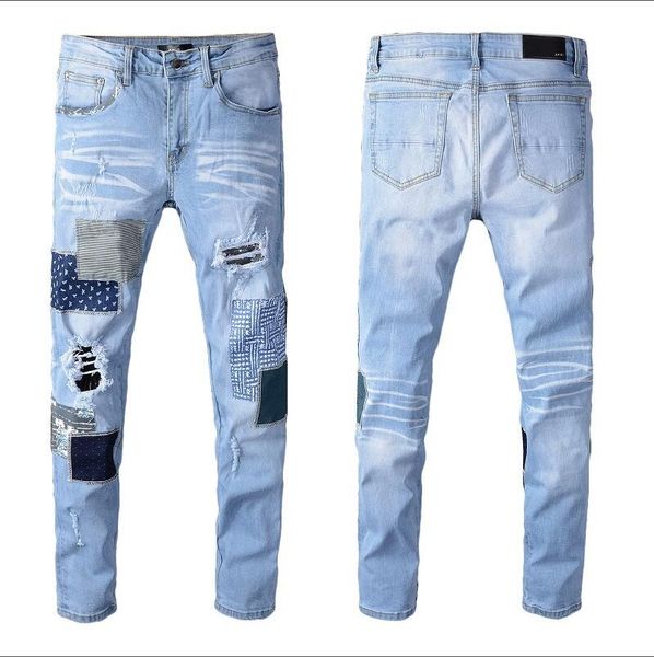

2020sell fashion brand design summer men's denim skinny biker jean embroidery pants holes jeans button mens long pants a125, Blue