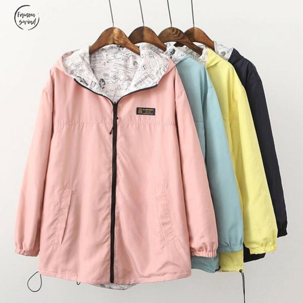 

женщины куртка весна осень side моды пальто карман на молнии с капюшоном два wear мультфильм печати zipper outwear сыпучие plus size, Black;brown