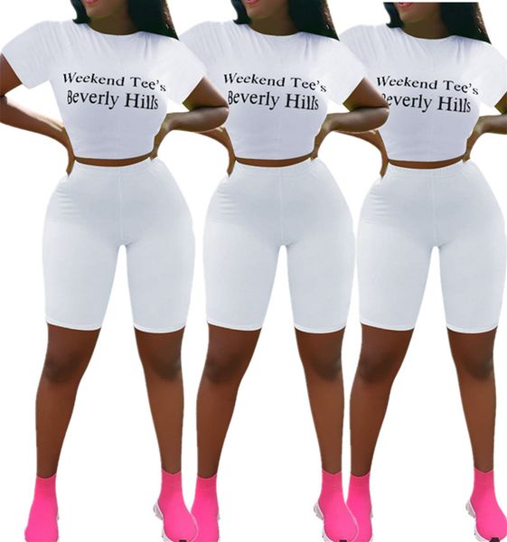 

Women Sexy Letter Print White 2pcs Suits Summer Crew Neck Clothing Summer Sexy Casual Knee Length Tracksuits