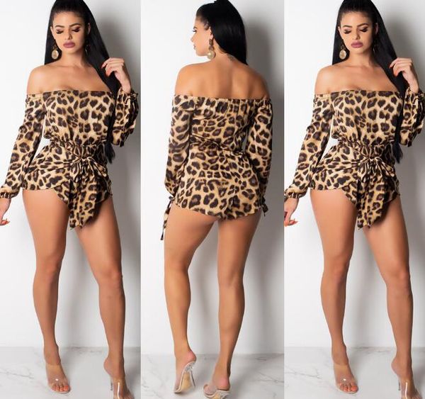 

slash neck leopard jumpsuit fashion women bandage bodysuit long sleeves playsuits club female slim jumpsuits, Black;white