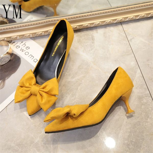 

candy color pointed toe women pumps shallow color women's bowknot suede block thin high heels shoes bowtie working shoes sexy, Black