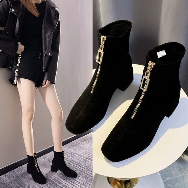 

rock shoes woman women's rubber boots zipper lace up chunky heel low heels booties round toe booties ladies luxury designer, Black
