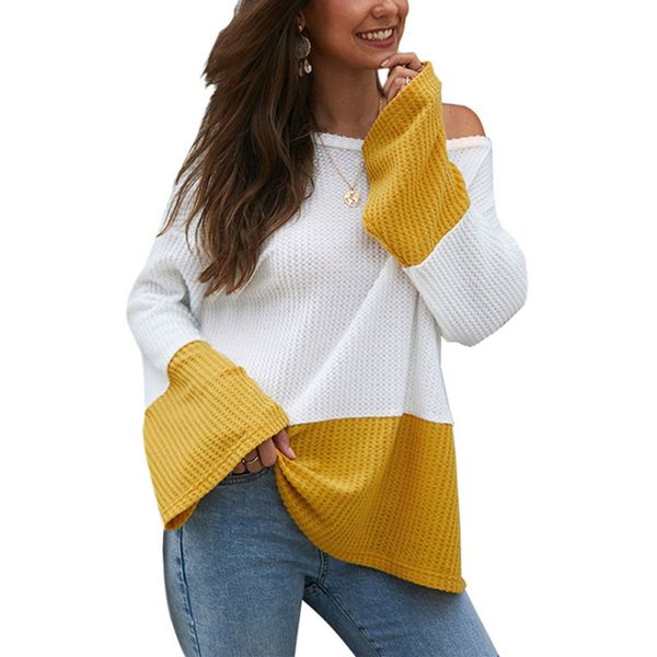 

autumn winter sweater for women color matching round collar knitting bell long sleeve casual warm sweater loose, White;black