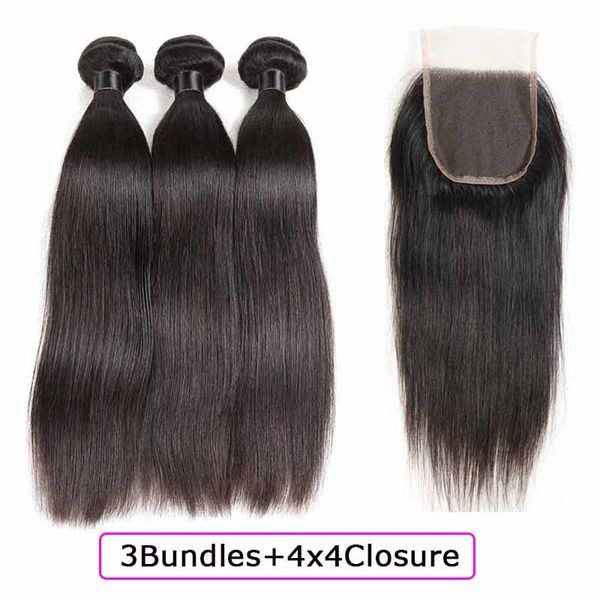 

бразильский straight virgin волос пучки с кружевом закрытия малазийского волоса девственница переплетения с 4x4 шнурком закрытие человек утк, Black