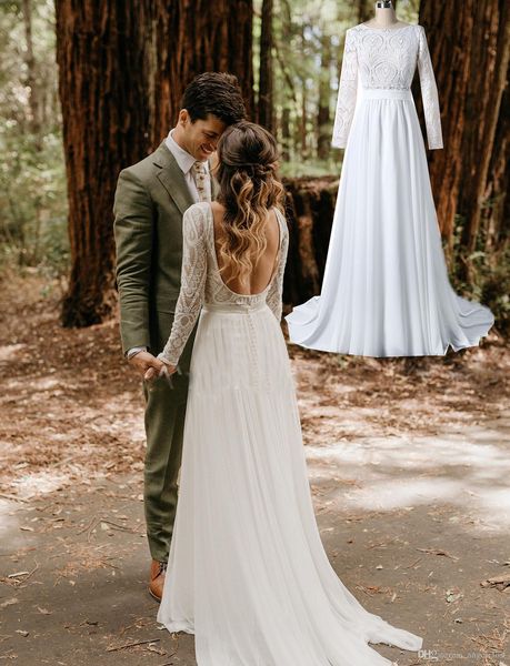 

Real Images 2019 Lace Bohemian Wedding Dresses Long Sleeves Open Back A Line Chiffon Summer Boho Chic Rustic Bridal Gowns Vestidos De Novia