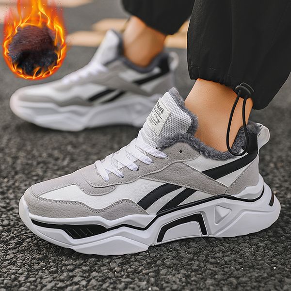 

coolvfatbo winter men's boots thick bottom non-slip warm winter shoes for men fur warm ankle snow boots footwear male sneakers, Black