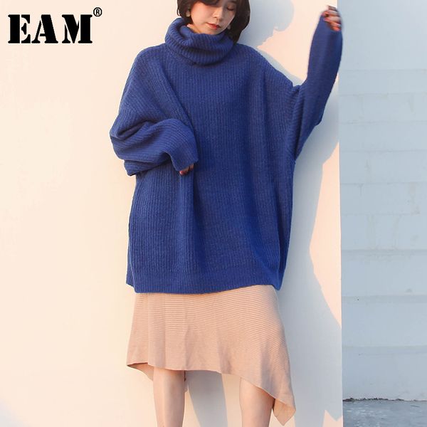 

eam] синий большой размер утолщение вязание свитер свободного покроя с высоким воротником с длинным рукавом женщины новинка осень зима 2019, White;black