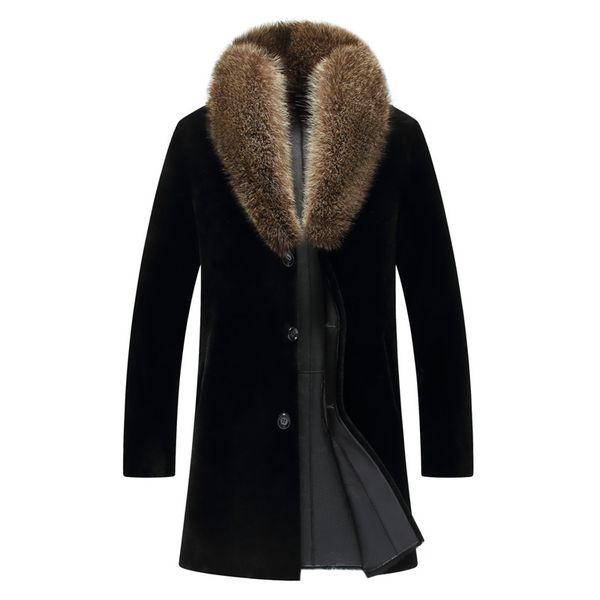 

2019 black men long casual shearling coat racoon collar russian winter genuine thick natural shearling fur jacket ing