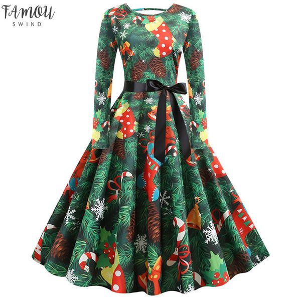 

s-5xl christmas print vintage dress women autumn winter long sleeve a-line midi party dress pin up 50s 60s robe femme plus size, Black;gray
