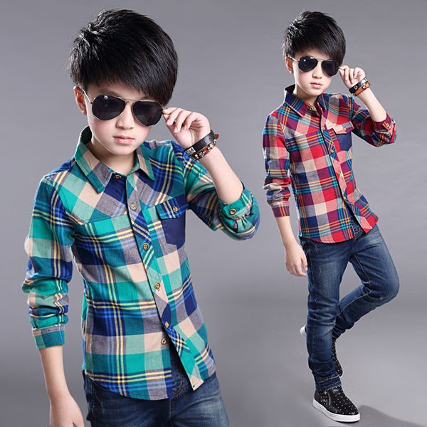 

children clothing plaid shirts for boys spring autumn teenager outerwear kids blouse infant shirt full sleeve 5-15y clothes, White;black