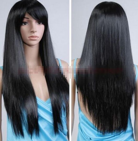 Бесплатно SHIPPIN + + новая горячая мода длинные девушки волнистые челки Леди косплей женщины волосы полный парик черный термостойкие волокна парики волос