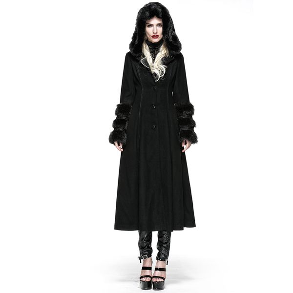 

punkrave women gothic jacets two-wear woolen imitation fur coats halloween witch cospaly stage performance personality jacket, Black