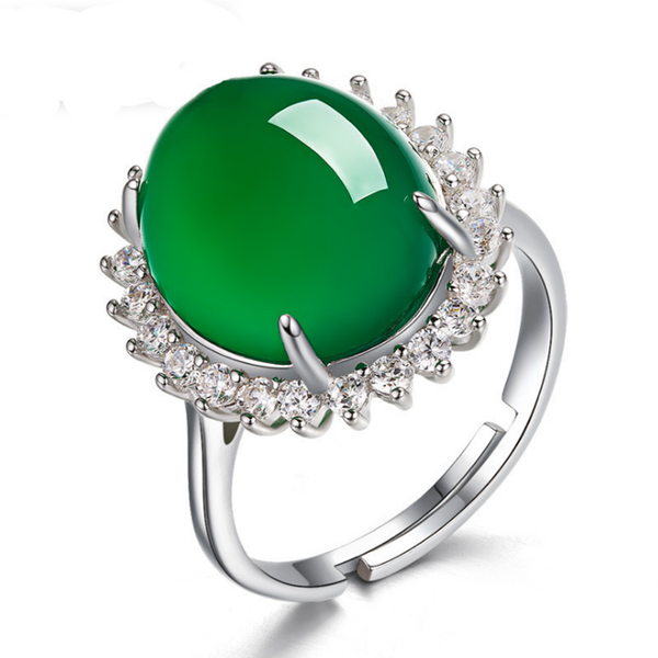 

fyjs unique engagement ring silver plated oval green agates adjustable ring with zircon jewelry, Slivery;golden