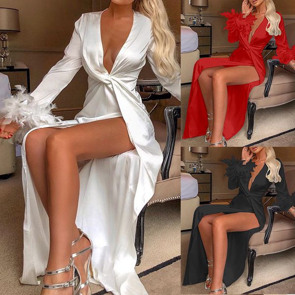 

2020 new european and american ladies v-neck long-sleeved white dress nightclub skirt casual dresses, Black;gray