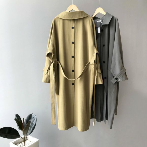 

2019 back button long sleeve solid color windbreaker loose woman overcoat autumn coat, Tan;black