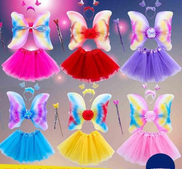 

2019 kids fairy princess butterfly wing wand headband tutu skirt costume for birthday festival party decoration masquerade dress, Black;red