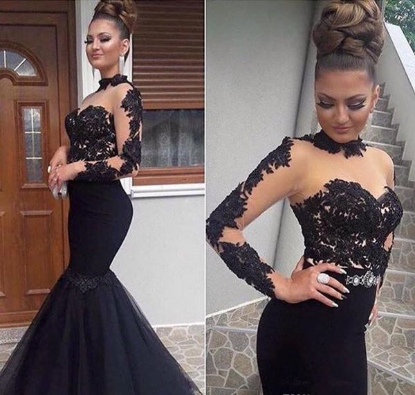 

black high neck mermaid prom dresses 2019 new applique tulle black girls pageant gowns long sleeve lace formal evening party gowns p202