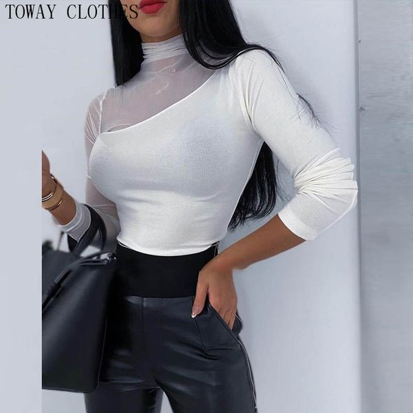 

women mesh splicing t shirt casual long sleeve patchwork clubwear, White