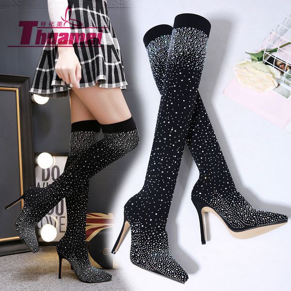 

size 35-43 over the knee women sock boots stretch fabric crystal high heels pointy toe thigh high shoes fashion #y0319381q, Black
